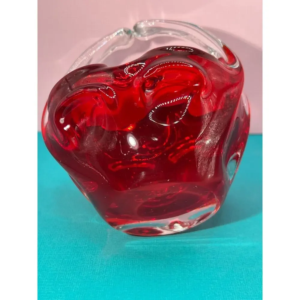 Murano Hand Blown Art Glass Sommerso Basket Ruby Red & Clear Handle
